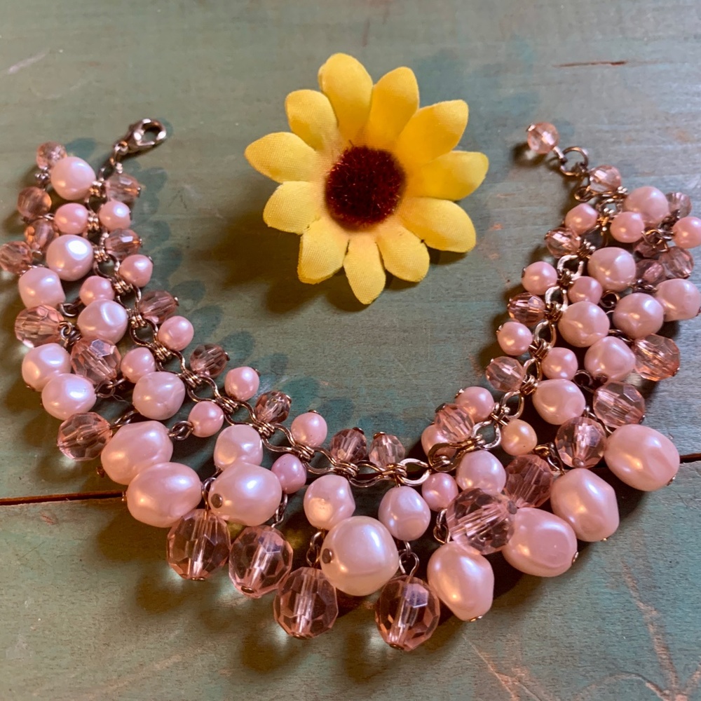 Gold Tone Blush Pink Faux Pearl Dangle Bracelet - 7"  Bracelet